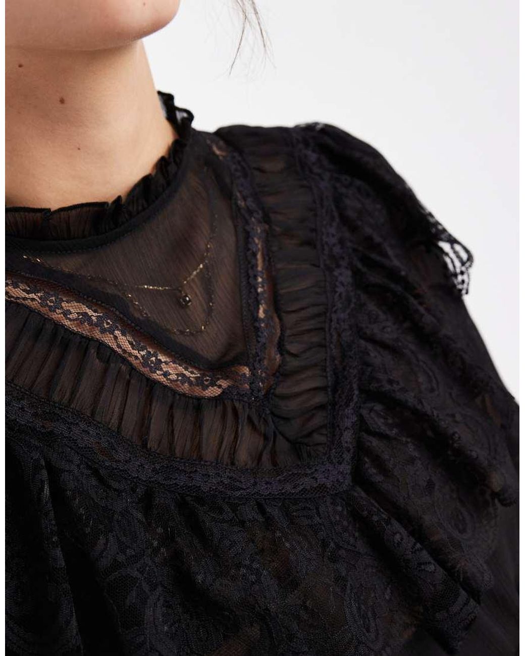 New Look Black Lace Insert Chiffon Blouse