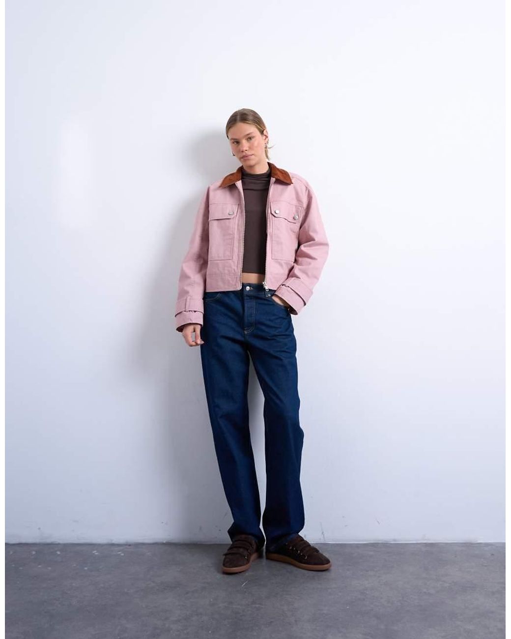 TOPSHOP Pink Patch Pocket Barn Jacket With Contrast Collar
