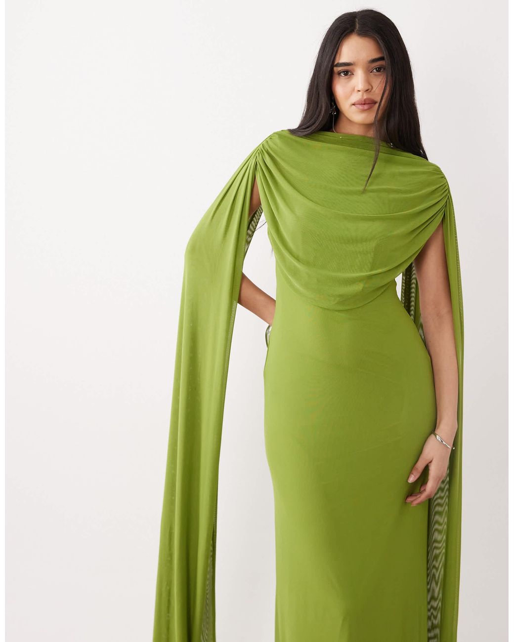 ASOS Mesh Cape Draped Maxi Dress in Green | Lyst