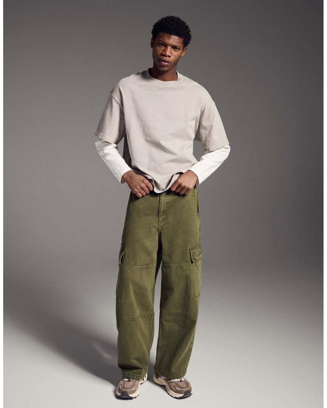 Bershka Green Cargo Parachute Jeans for men