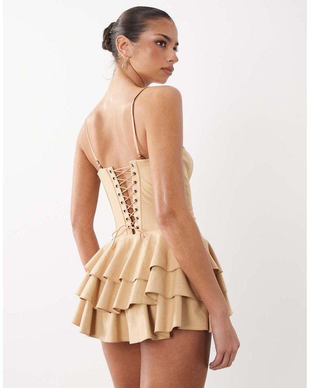 Oh Polly Natural Faux Suede Ruffle Detail Lace Up Corset Playsuit