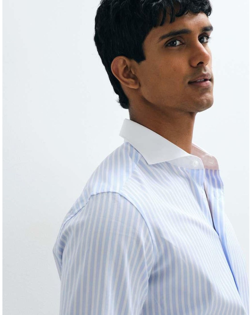 Mango White 100% Cotton Contrast Trim Long Sleeve Striped Shirt for men