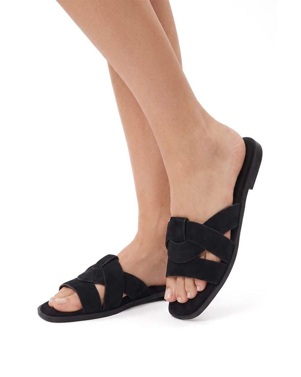 SEQWL Wide Fit Black Flat Mules Minimalist Slides With Crossover Strap Detail