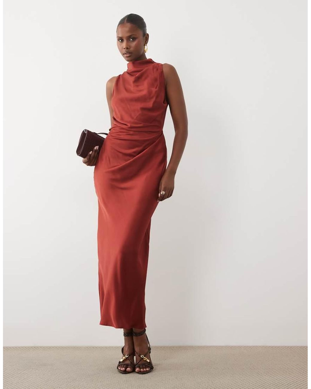 ASOS Pleated Gathered Bodice Satin Maxi Dress With High Neck