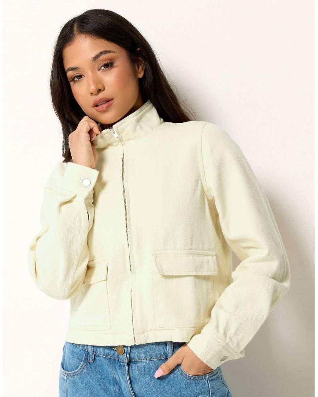 PixieGirl Blue Petite Funnel Neck Denim Jacket