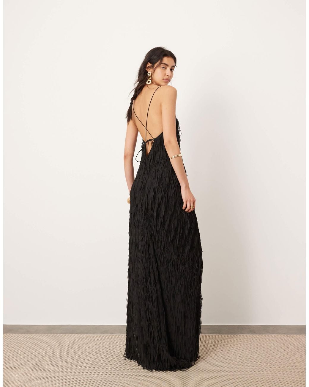 ASOS Textured Fringe Cami Maxi Dress With Low Back in Black