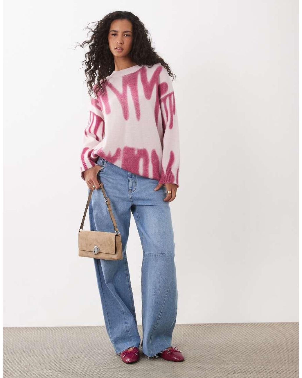 Kiwi & Co Pink Poplar Crew Neck Paint Spill Look Oversized Jumper