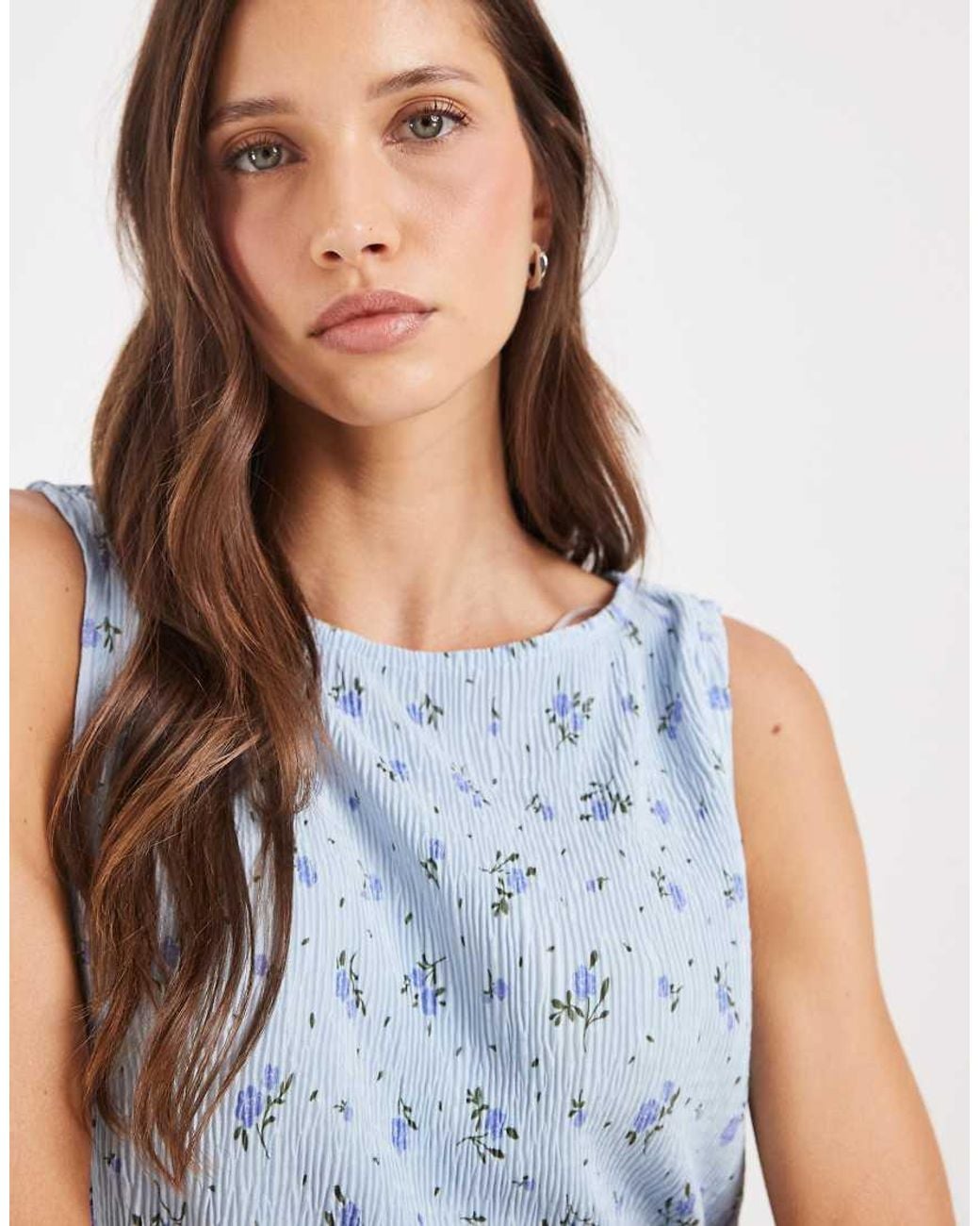 Pieces Blue Sleeveless Slash Neck Plisse Top