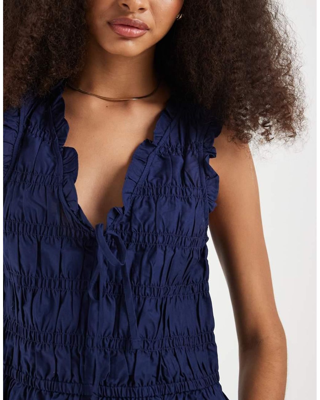 Gap Blue Sleeveless Tie Front Blouse With Ruffle Detail