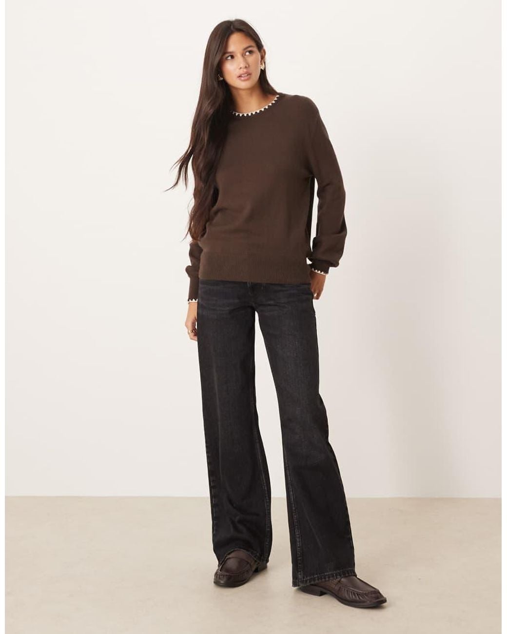 Threadbare Brown Crew Neck Jumper With Contrast Blanket Stitch