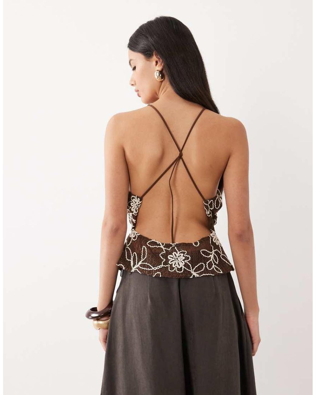 ASOS Brown Embroidered Crochet Halter Top