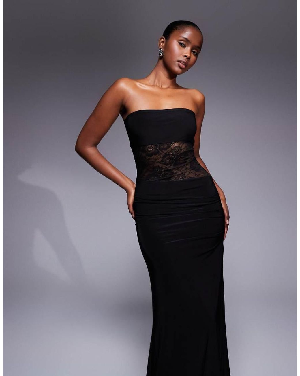 Kaiia Blue Exclusive Double Layered Slinky Bandeau Sheer Lace Panel Maxi Dress