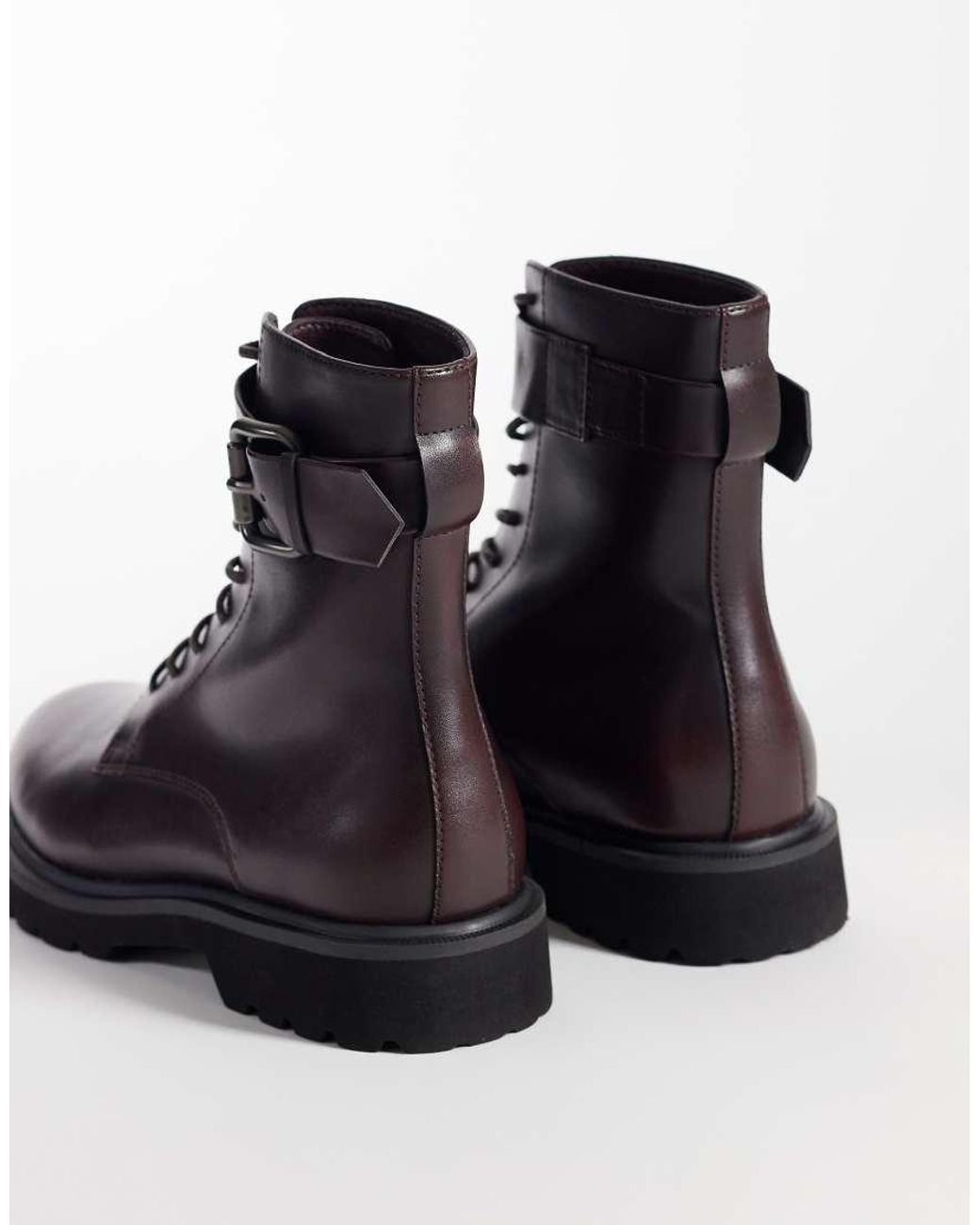 ASOS Black Lace Up Boots With Buckle Detail And Cleated Sole for men
