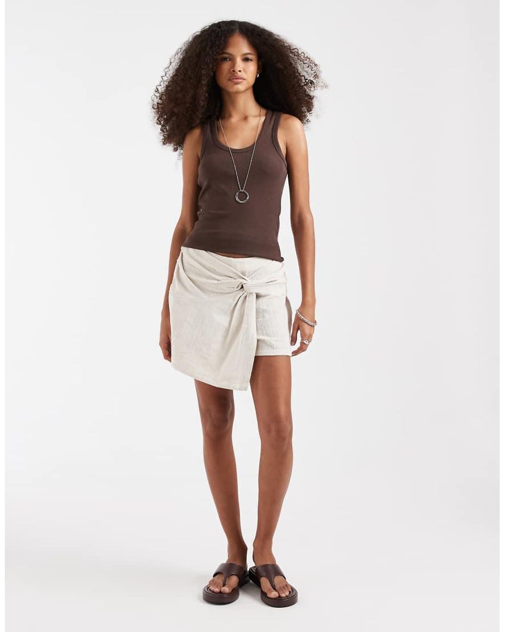 Pieces Natural Textured Cotton High Waist Knot Detail Skort