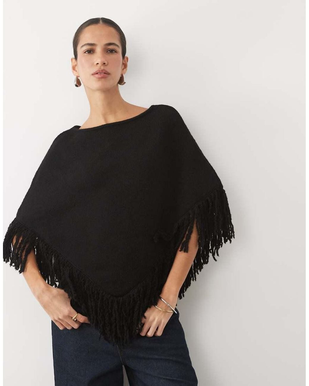 New Look Black Fringed Knitted Poncho