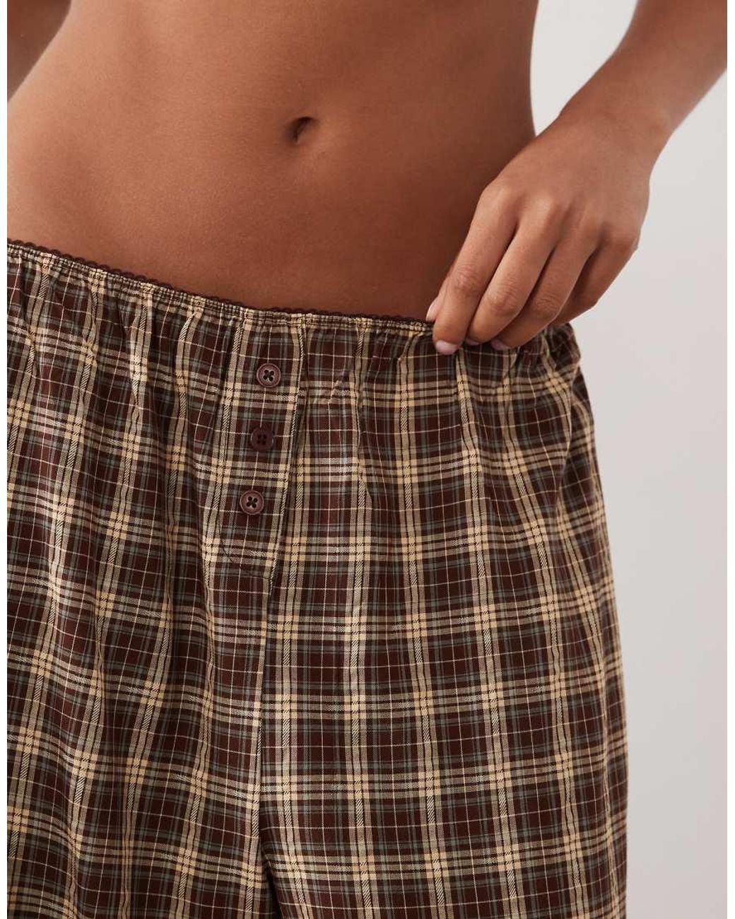 ASOS Brown Woven Check Crop And Wide Leg Trouser Pyjama Set With Lace Trim