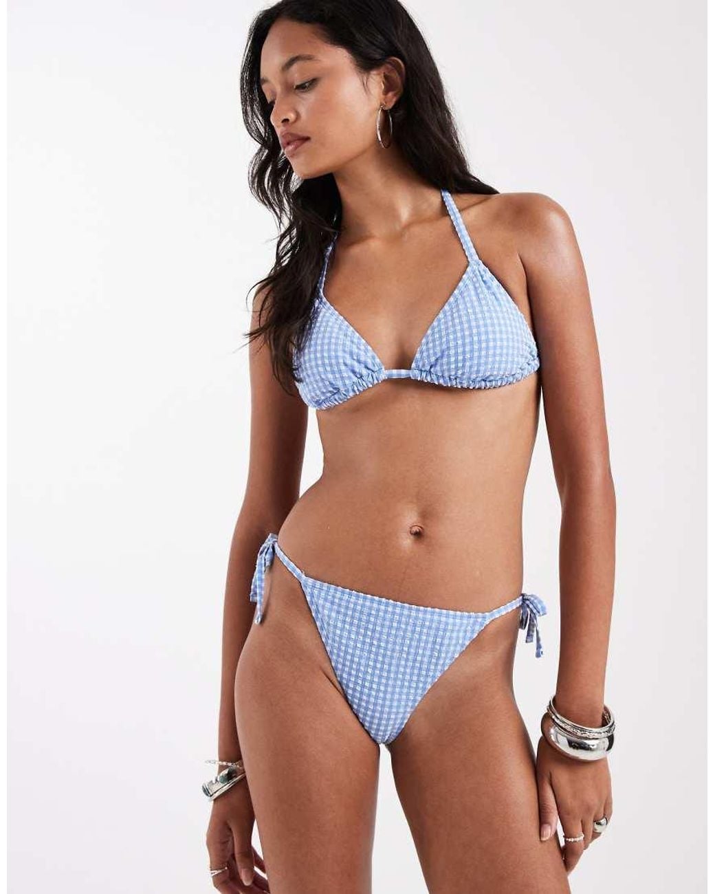 New Look Blue Gingham Tie Side Bikini Bottoms