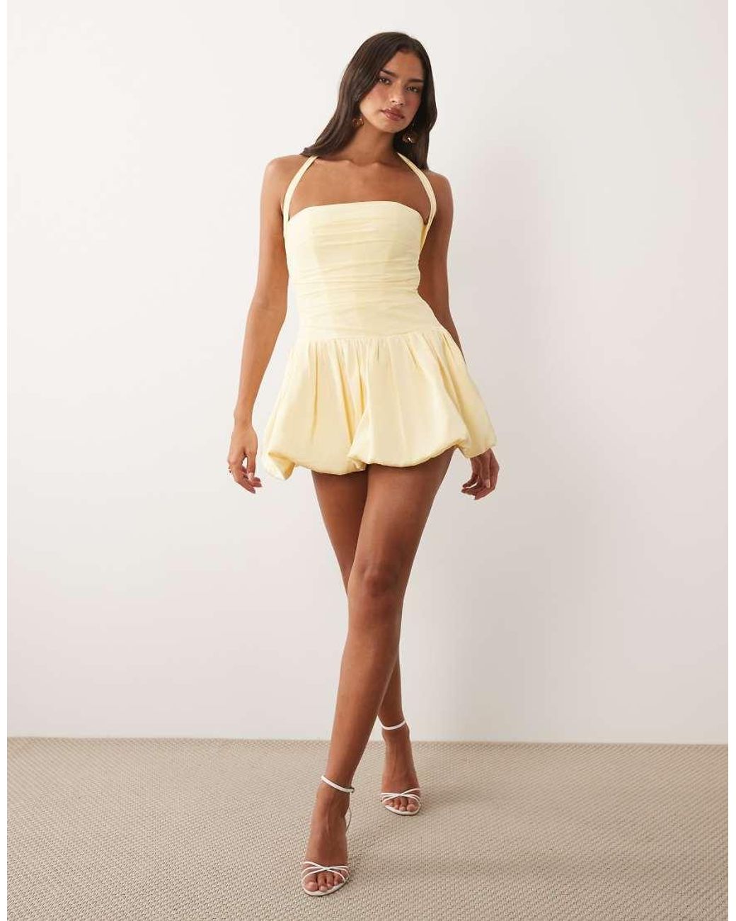 Oh Polly Natural Satin Halter Neck Bubble Hem Mini Dress