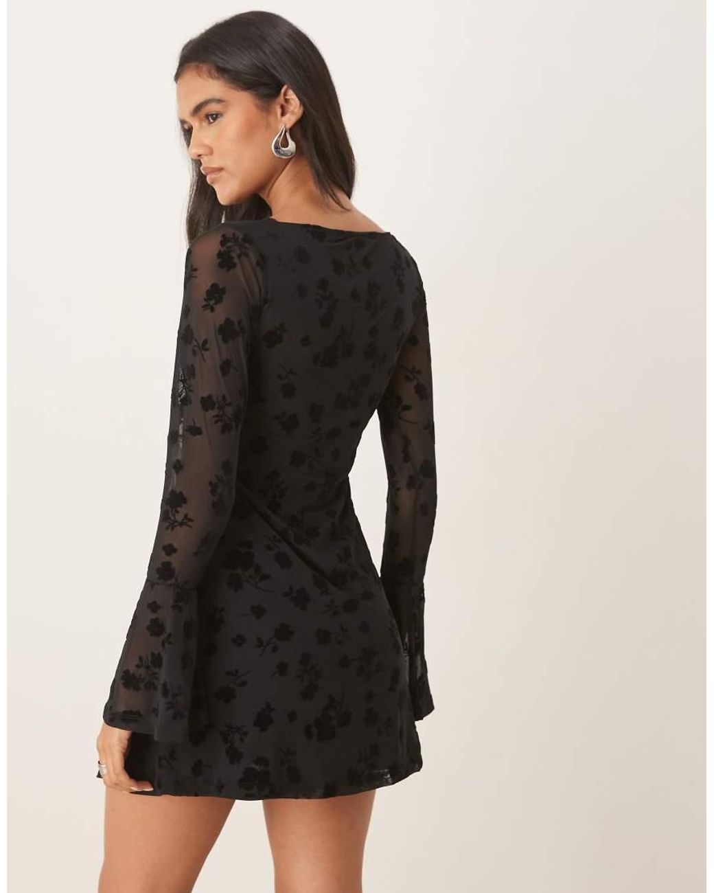 ASOS Black Flocked Floral Mini Dress With Flute Sleeve