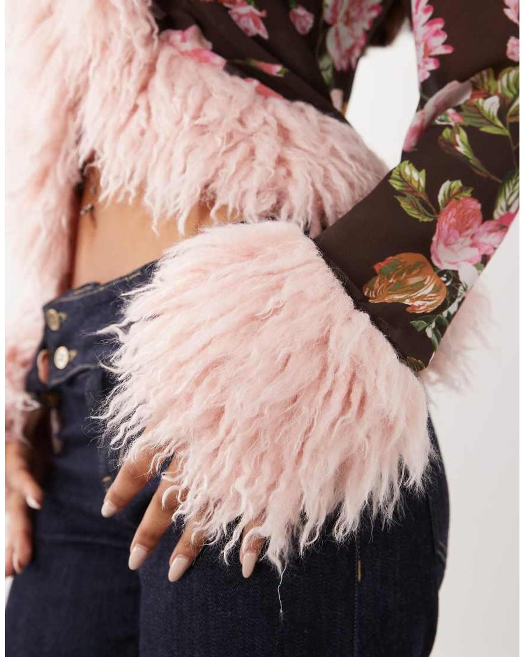 AFRM Natural Simone Mesh Faux Fur Trim Long Sleeve Top