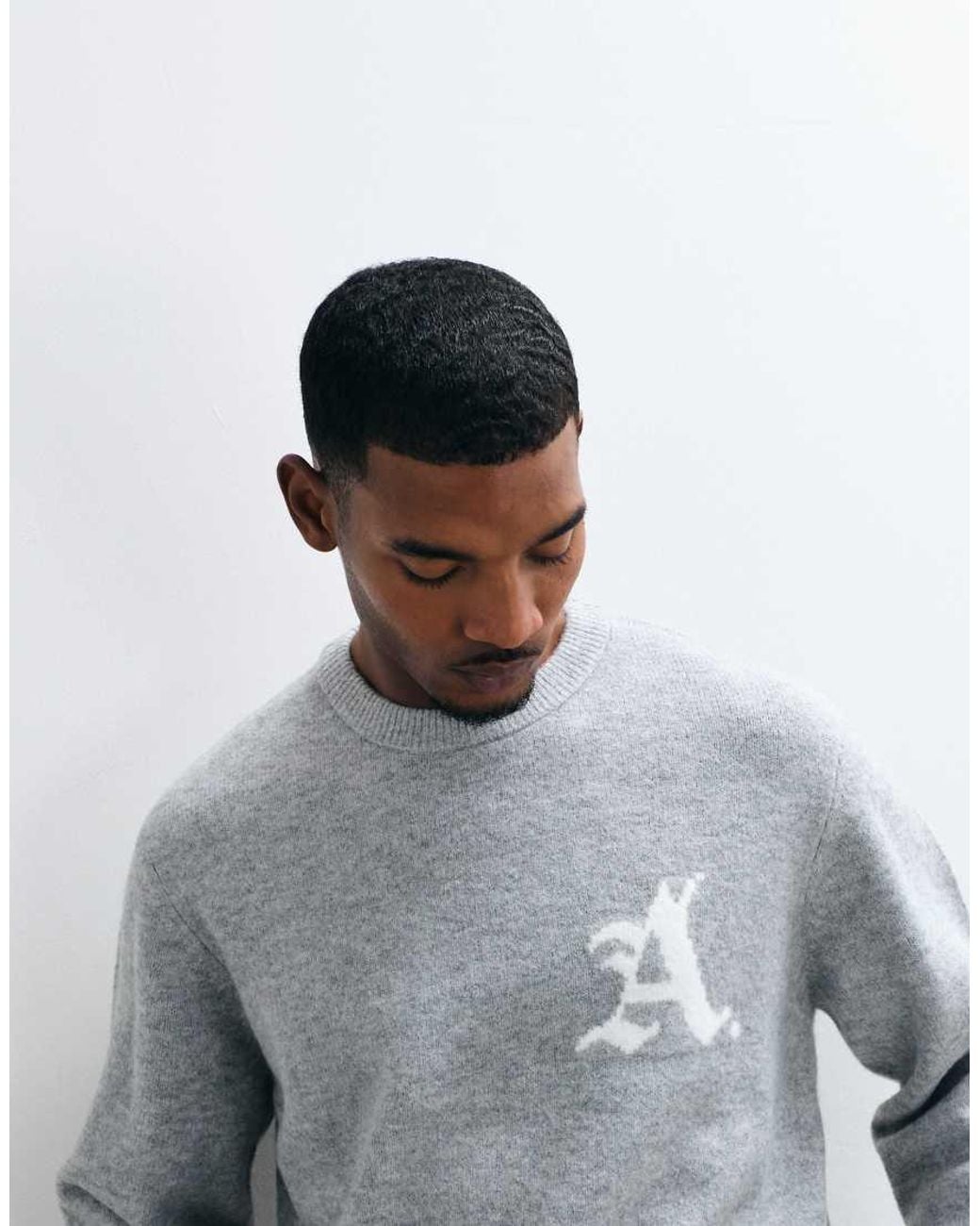 Jack & Jones Gray Oversized Jacquard Logo Knit Jumper for men