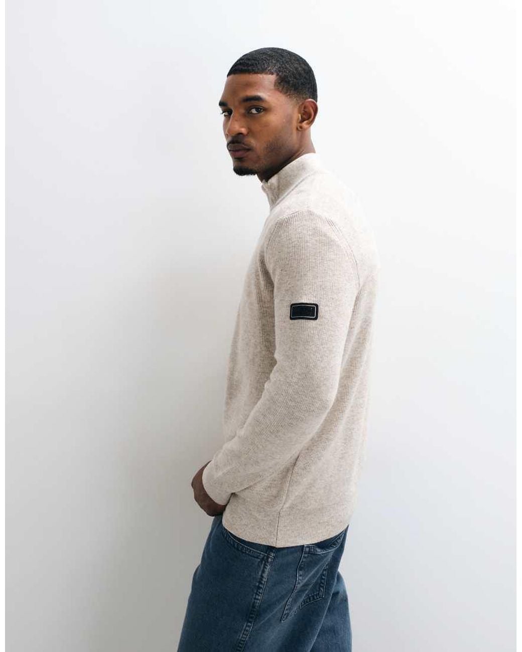 Barbour Natural Crawley Wool Blend Half Zip Funnel Neck Jumper for men