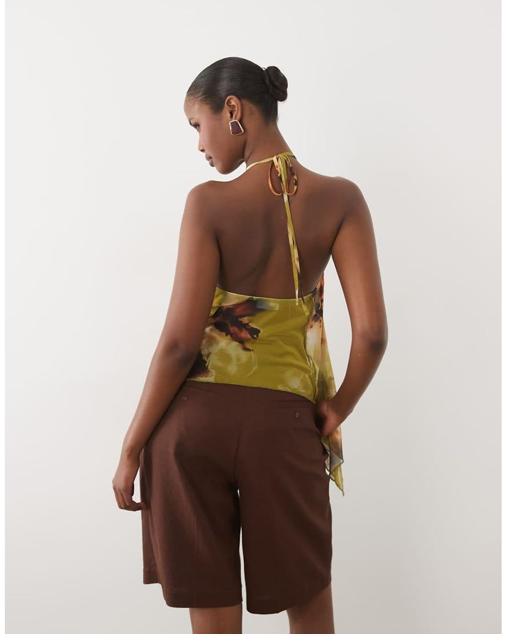 ASOS Multicolor Printed Mesh Asymmetric Hem Floaty Halter Top