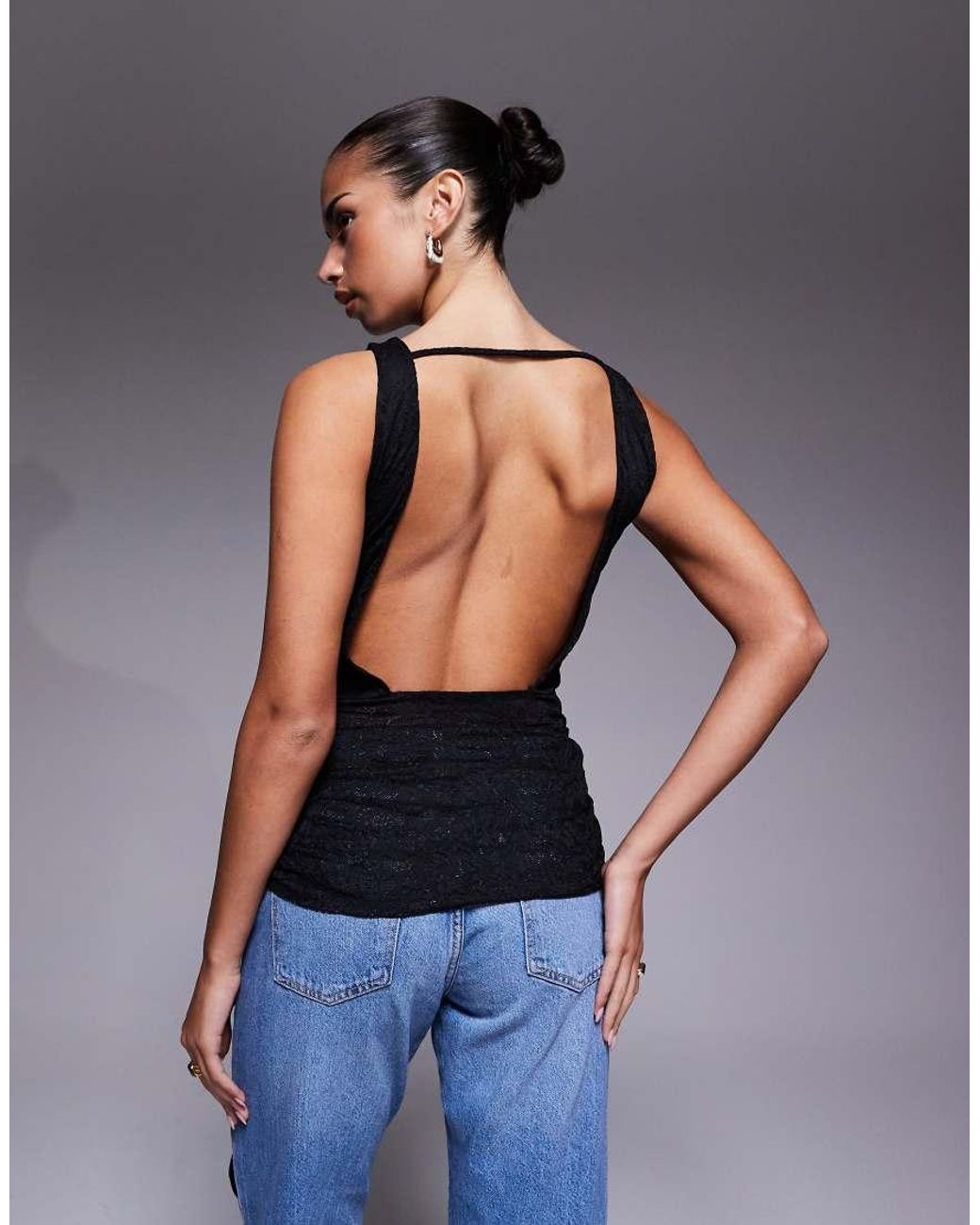 AFRM Blue Lace Sleeveless Knot Drape Detail Open Back Top