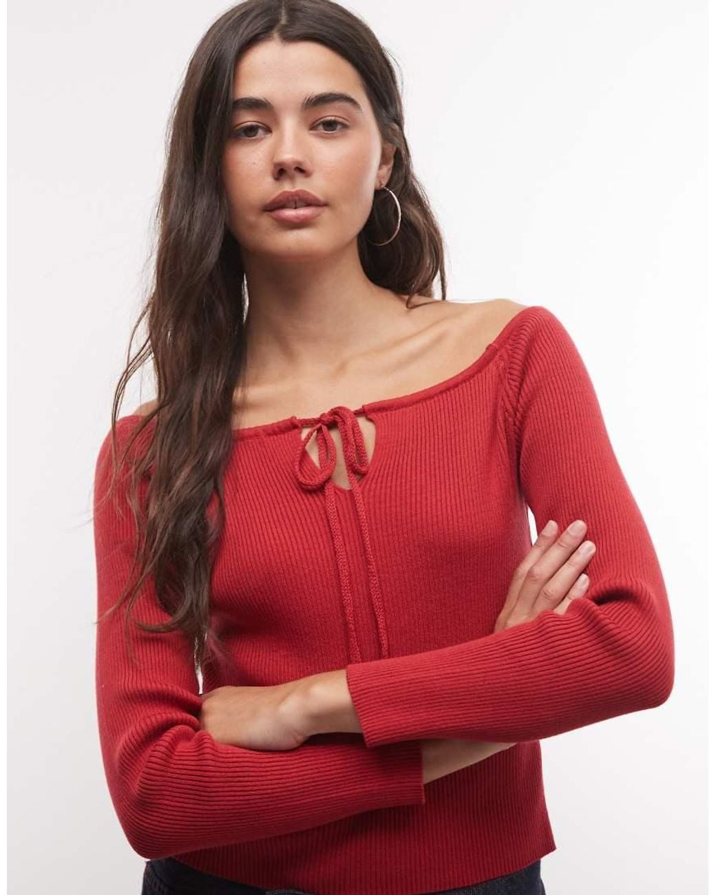 Collusion Red Off The Shoulder Long Sleeve Cut Out Knitted Top