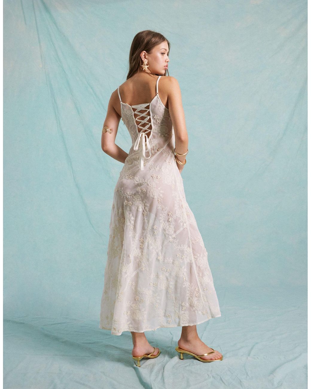 Miss Selfridge Festival Embroidered 3D Floral Sheer Maxi Dress in White |  Lyst
