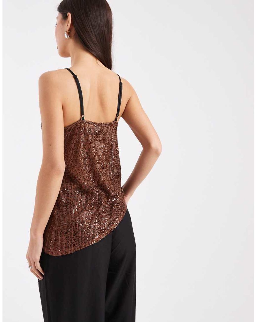 ASOS Black Asymmetric Sequin Cami With Lace Trim