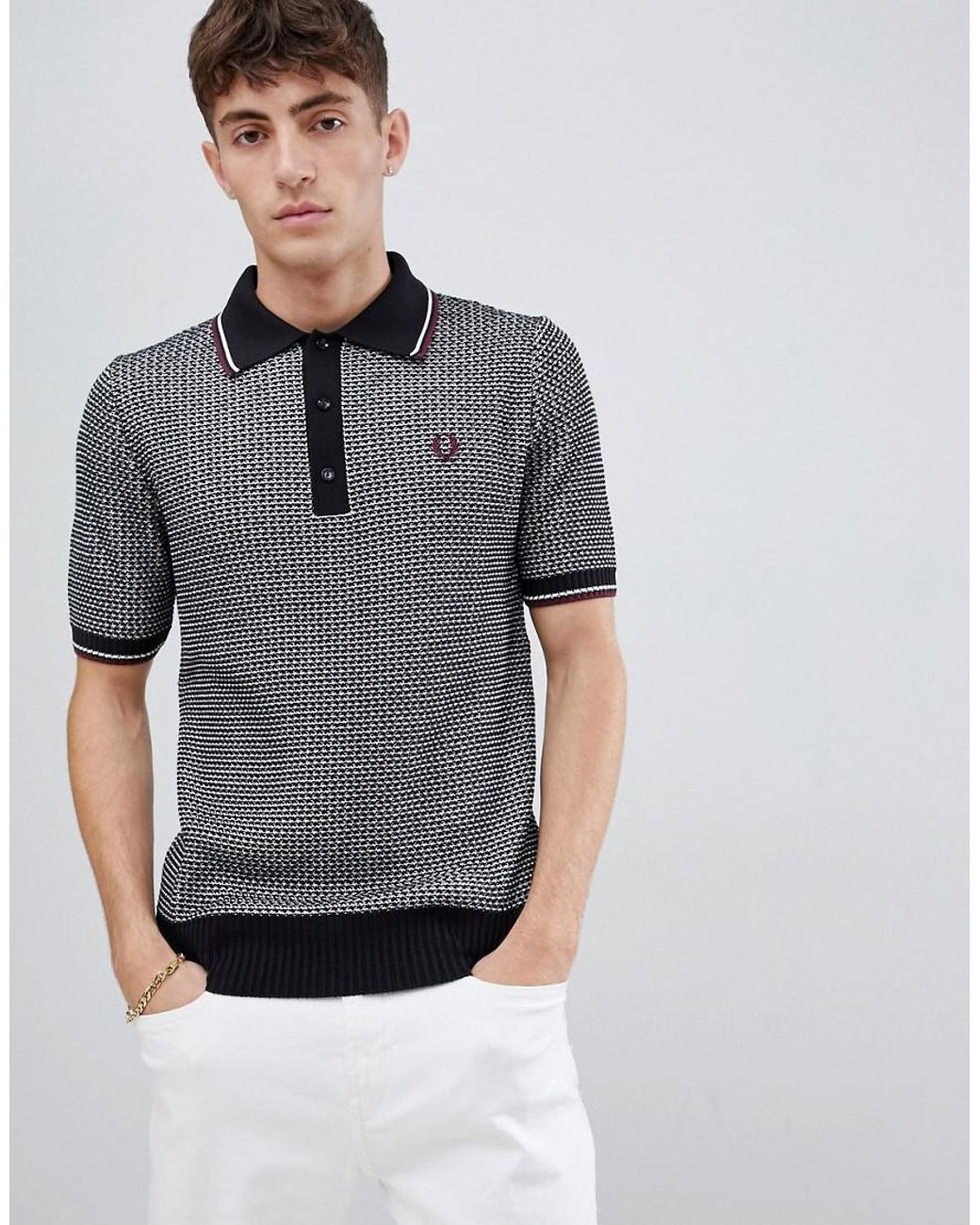 Fred Perry Reissues Woven Textured Knitted Polo In Black/white for Men |  Lyst UK
