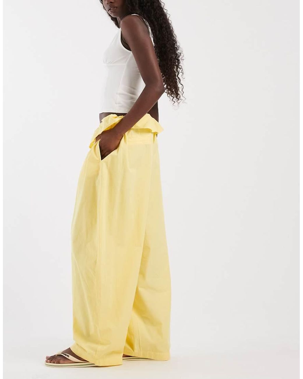 ASOS Yellow Poplin Fold Over Pleated Wide Leg Trouser