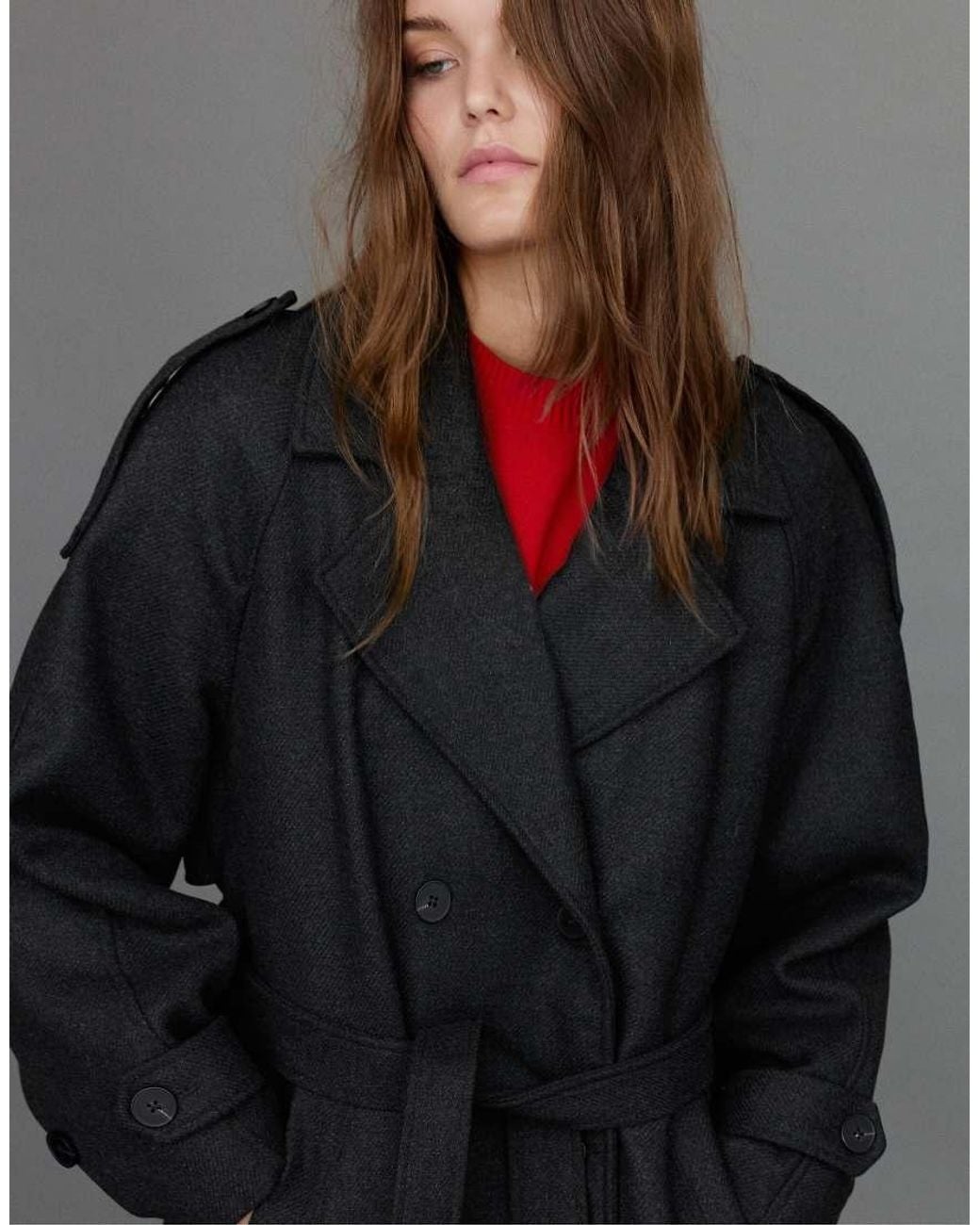 Pull&Bear Gray Belted Wool Trench Coat