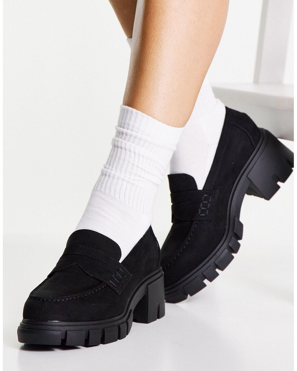 ASOS Wide Fit Storm Chunky Mid Heeled Loafers in Black | Lyst