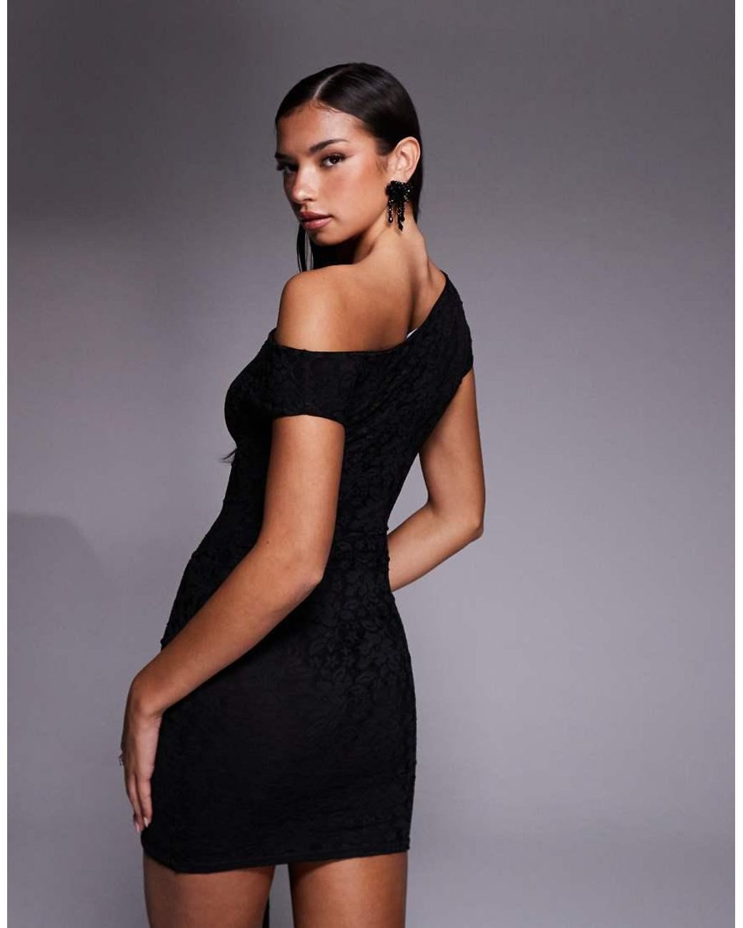 Kaiia Black Exclusive Lace Off Shoulder Drape Waist Detail Mini Dress