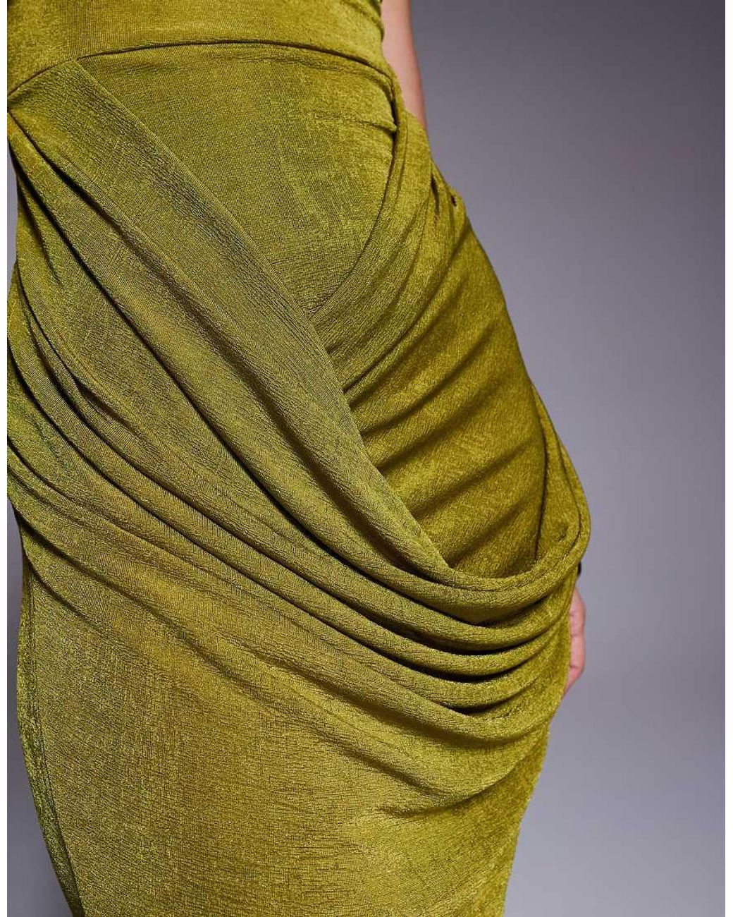 ASOS Green Textured Slinky Capped Sleeve Maxi Dress With Drape