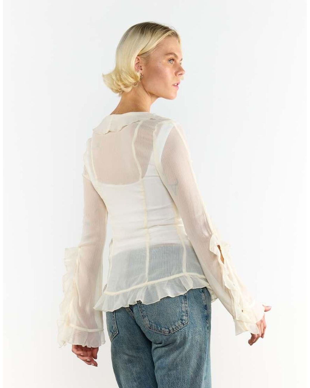 Glamorous White V-Neck Sheer Frill Blouse
