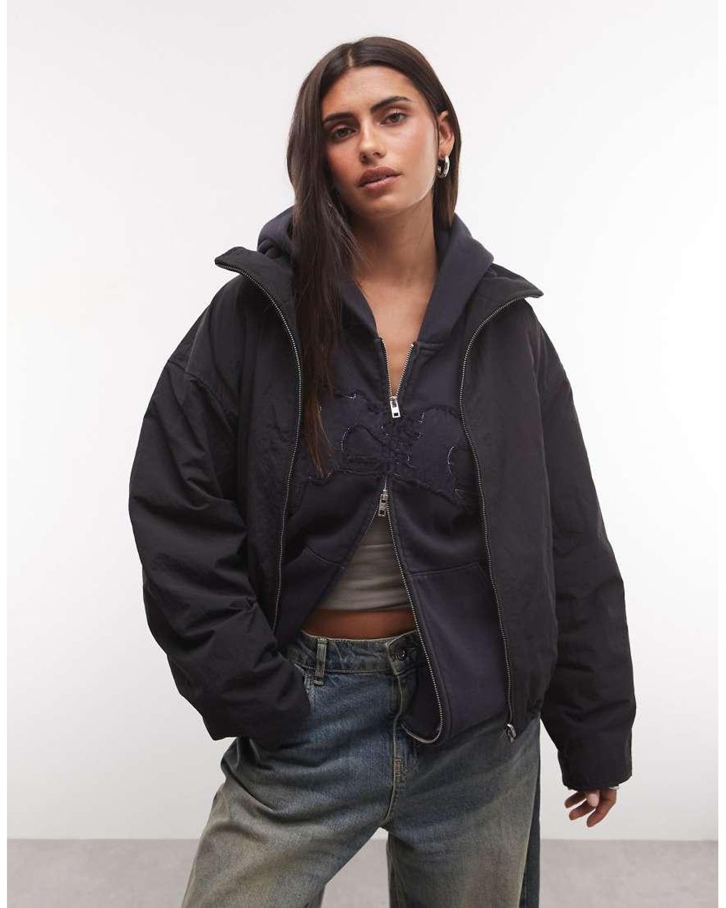 Weekday Black High Neck Track Jacket With Borg Fleece Lining