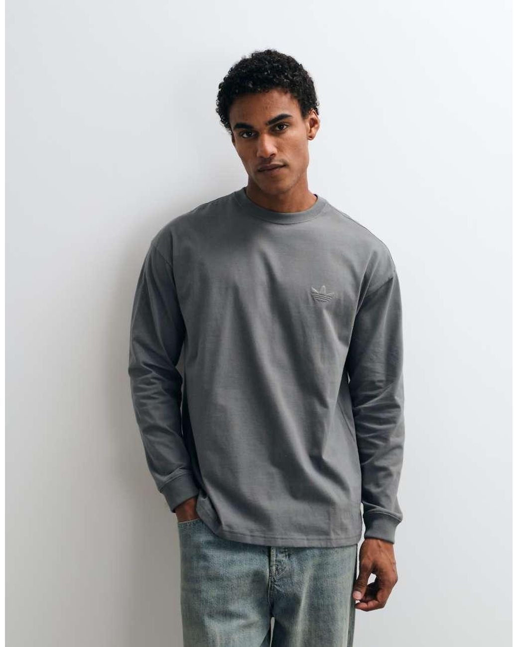 Adidas Originals Gray Back Embroidered Long Sleeve T-Shirt for men