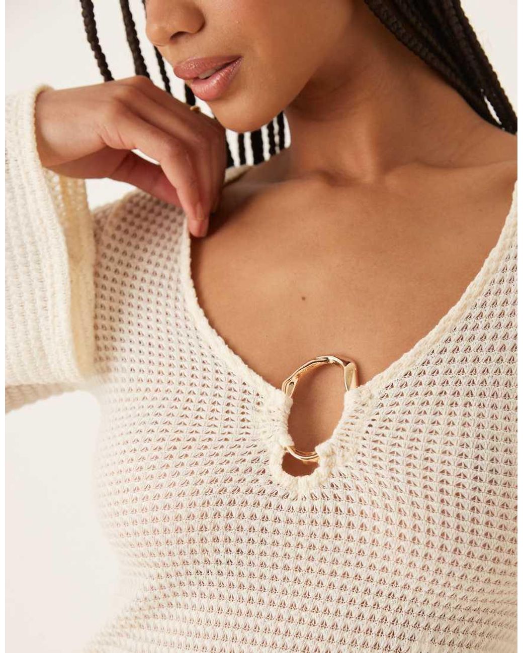 ASOS Natural Textured V-neck Flared Sleeve Top With Gold Trim