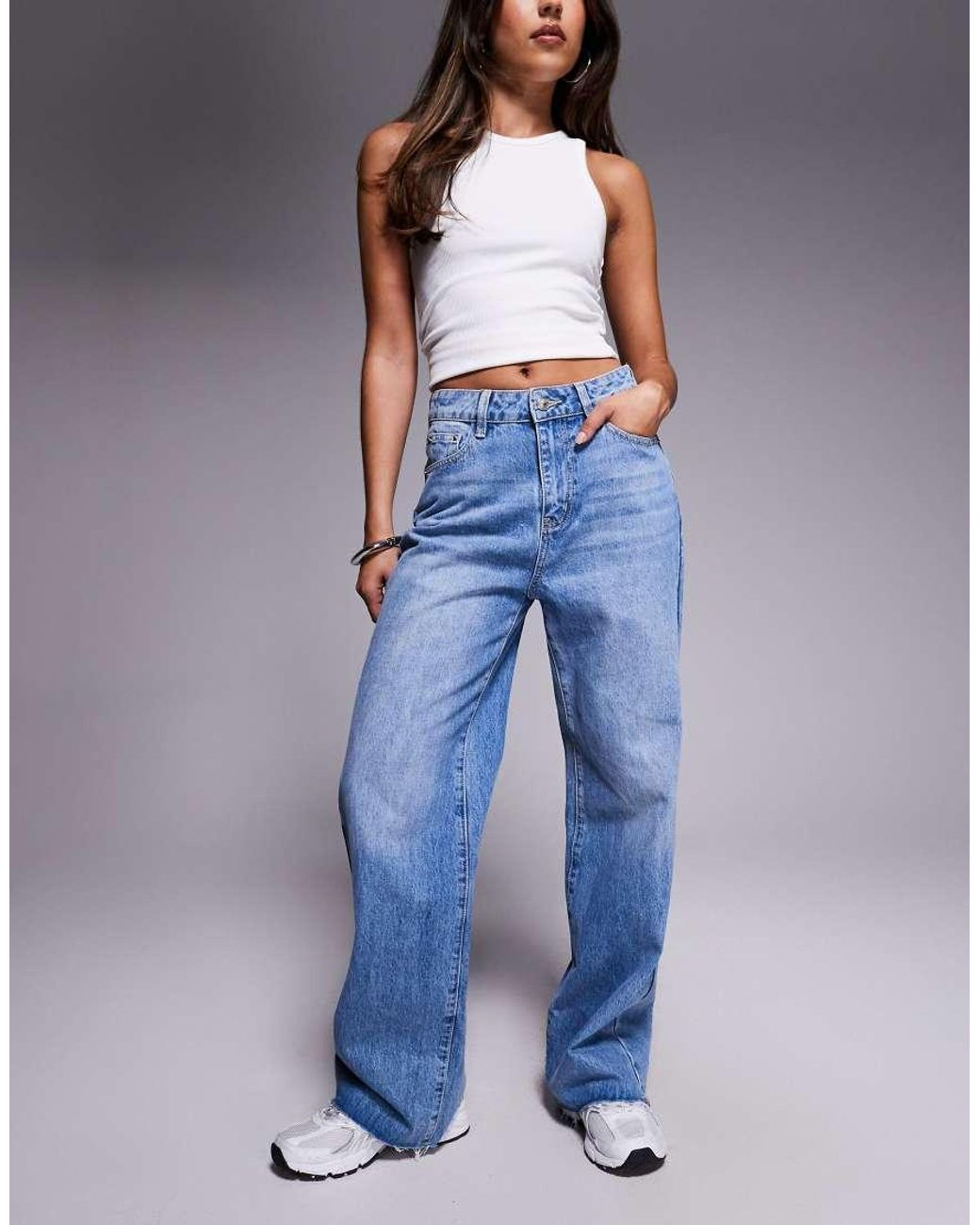 Princess Polly Blue Henesey Raw Hem High Waisted Wide Leg Jeans