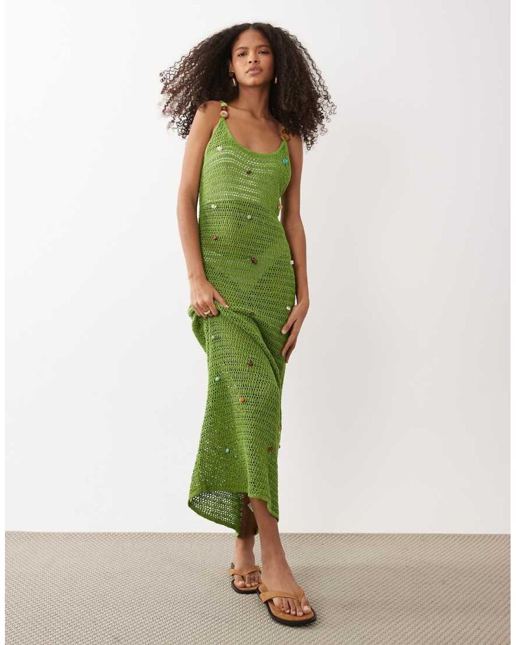 ASOS Green Slub Stitch Beaded Maxi Dress