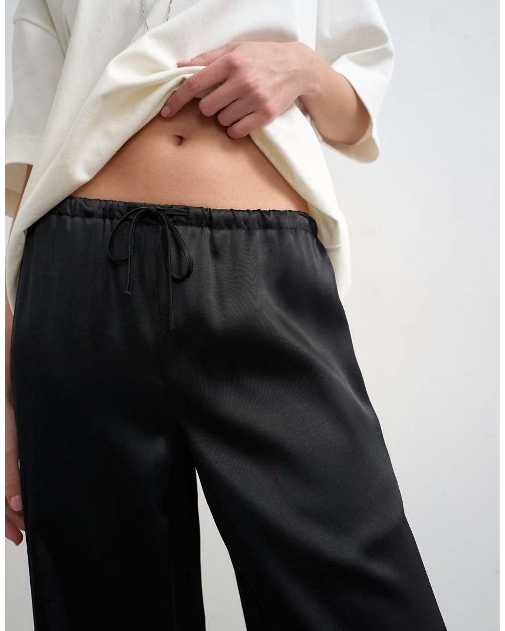 TOPSHOP White Plain Satin Tie Waist Wide Leg Trouser