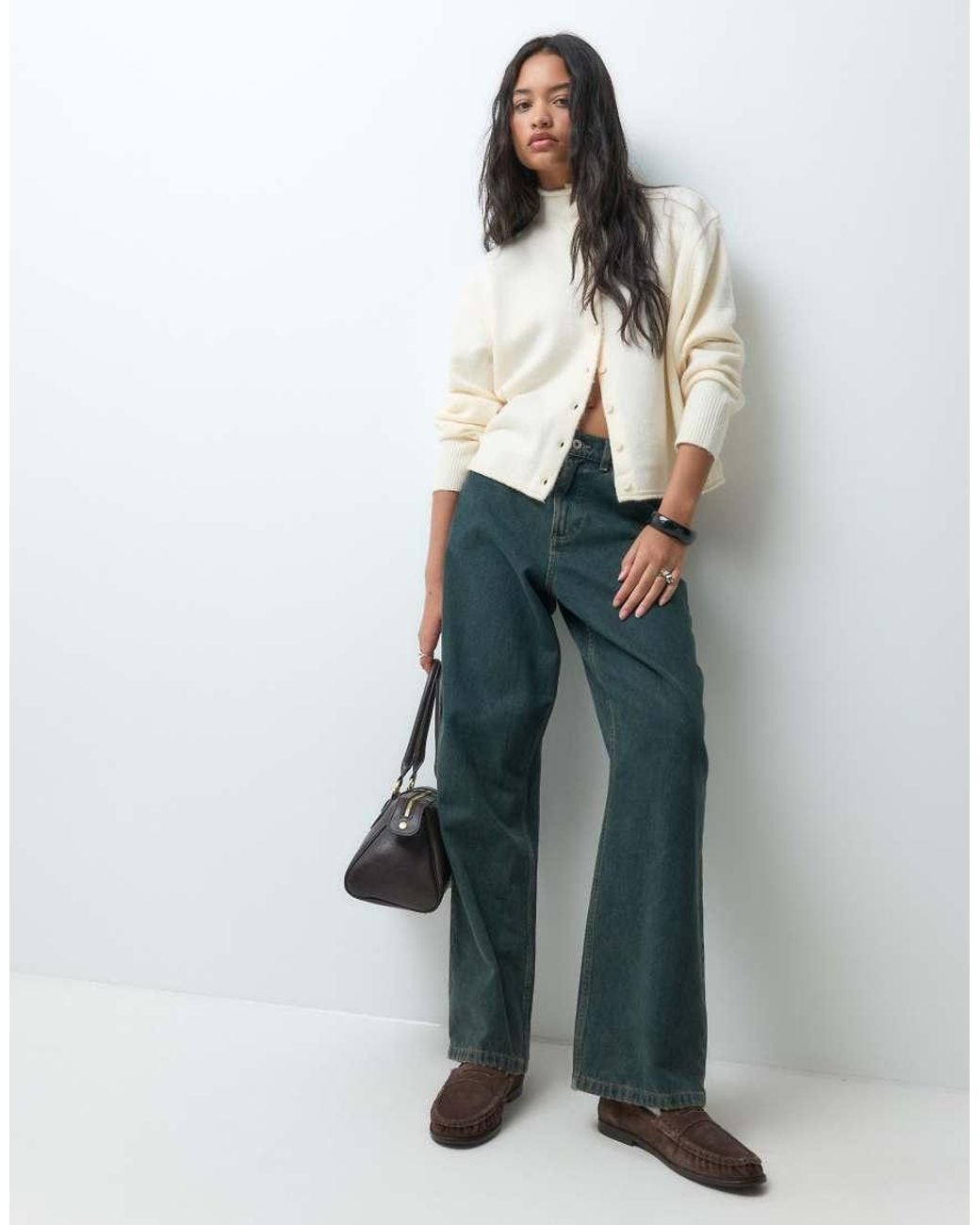 ASOS White Funnel Neck Concealed Placket Relaxed Cardigan