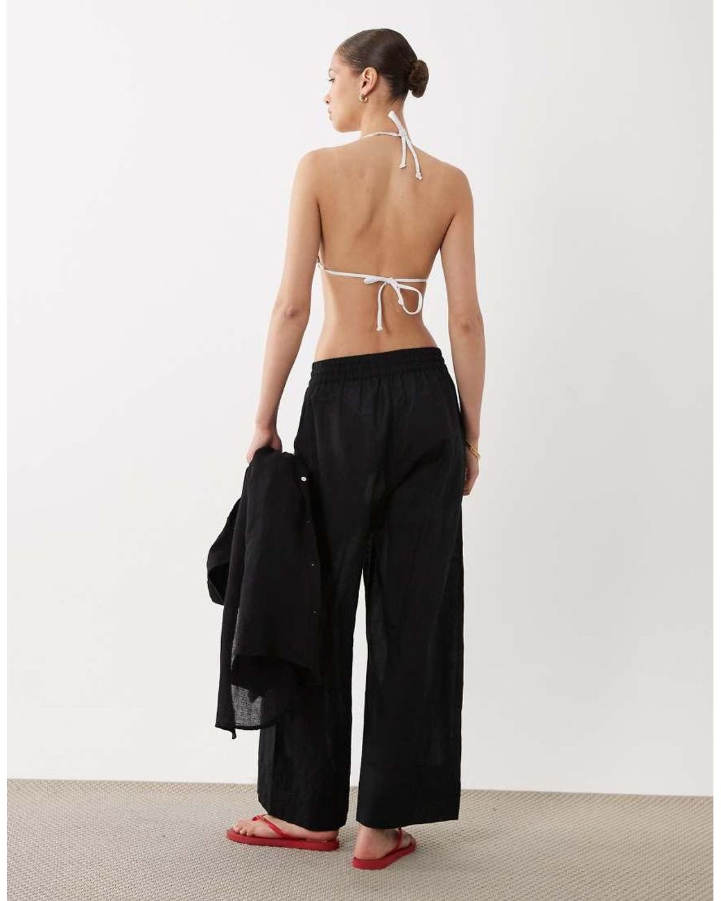 Polo Ralph Lauren Black Cotton Linen Smocked Pull On Pant Cover-Up