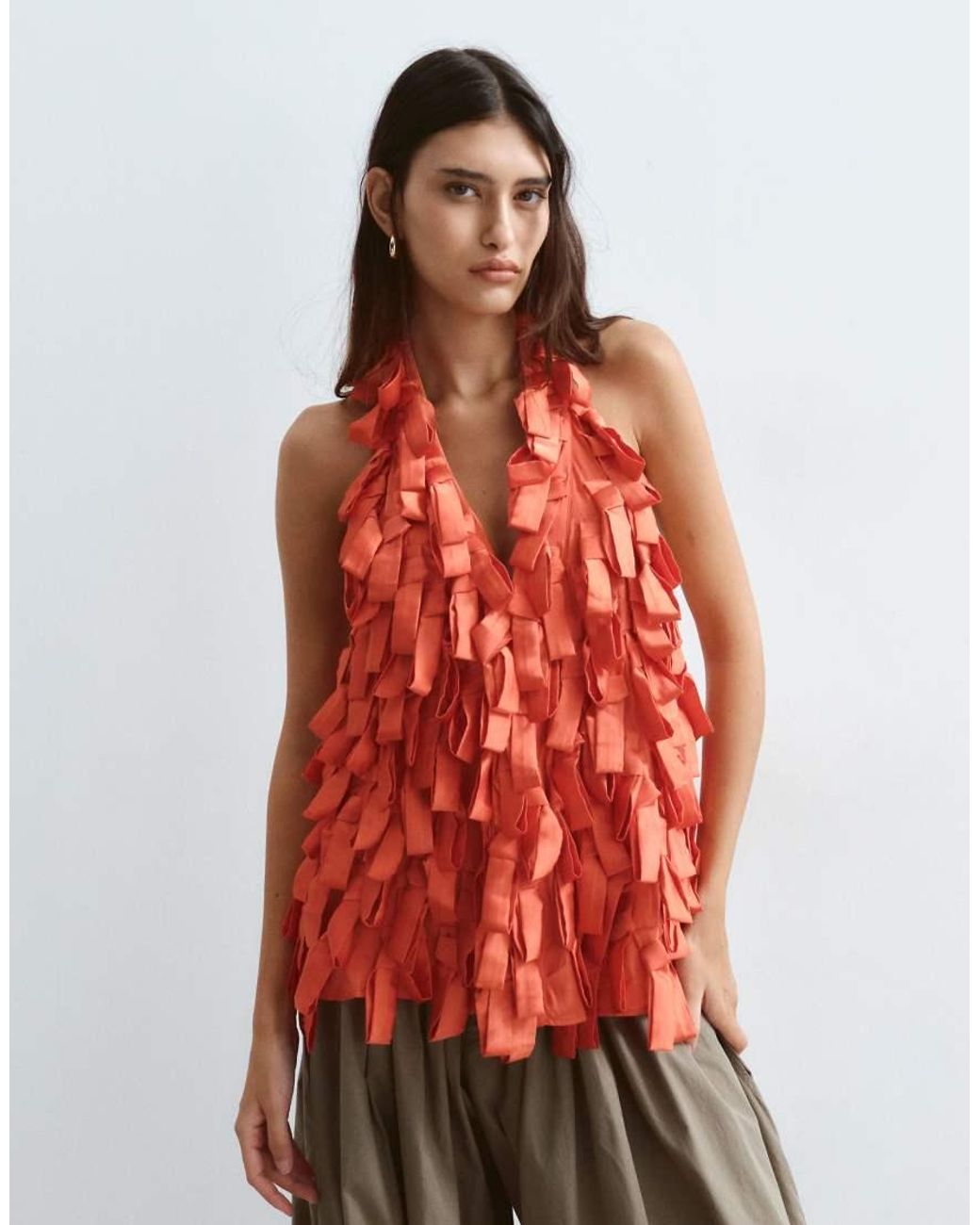 ARRANGE Red Textural Satin Loop Halter Top
