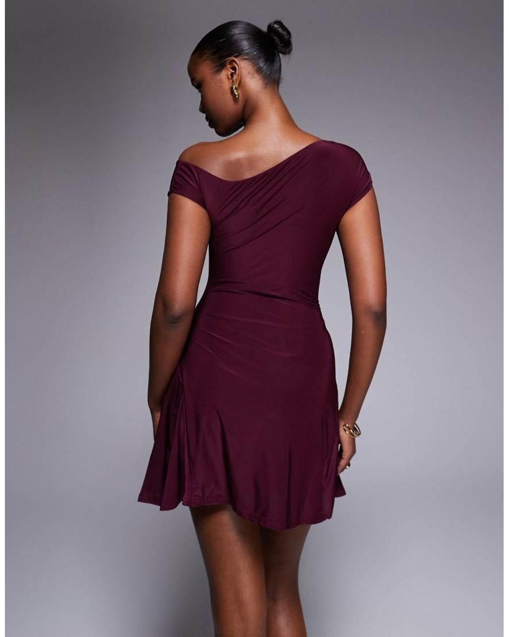 Kaiia Purple Exclusive Double Layered Slinky Off Shoulder Drape Detail Fitted Waist Mini Skater Dress