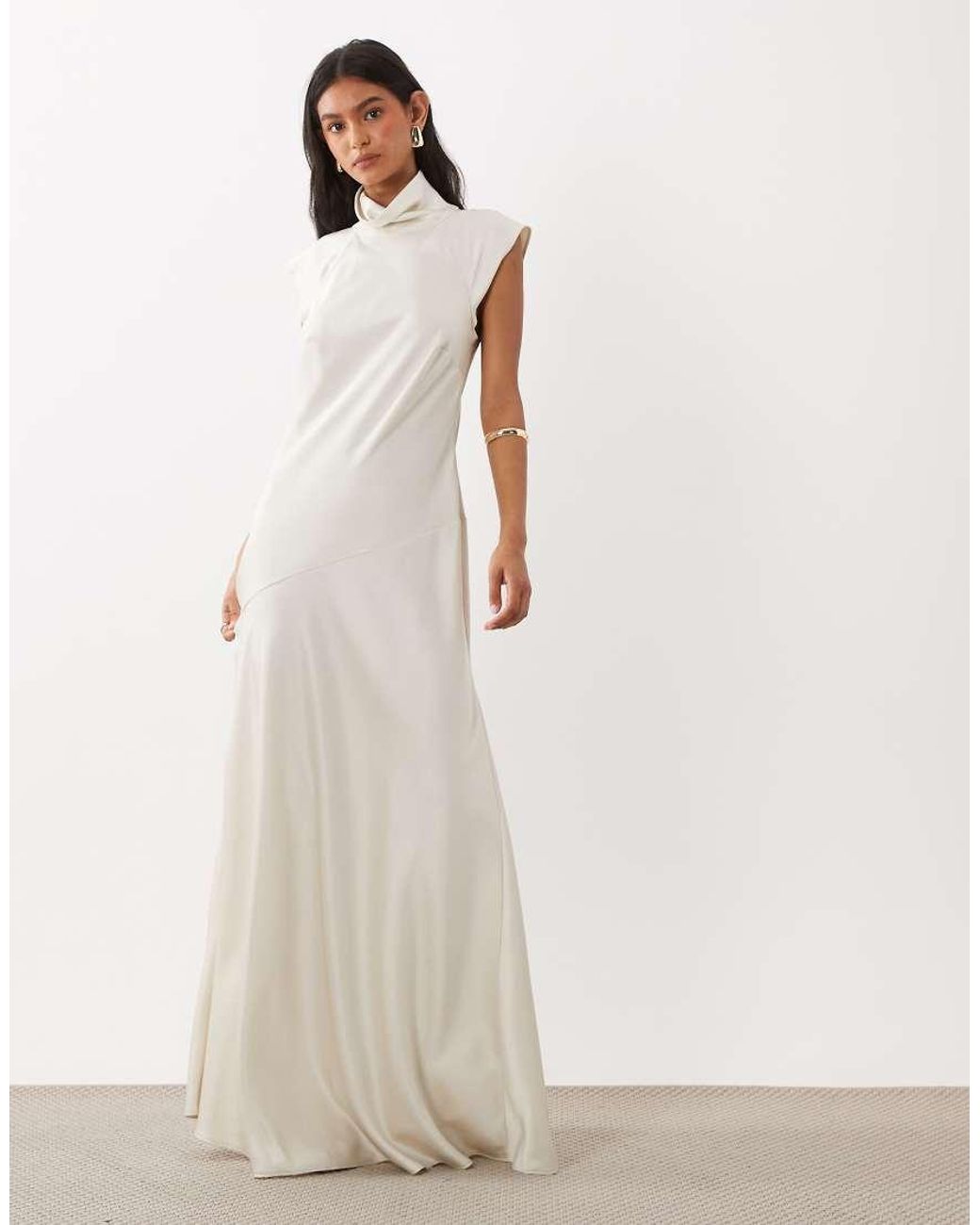 ASOS White High Neck Satin Maxi Dress With Godets