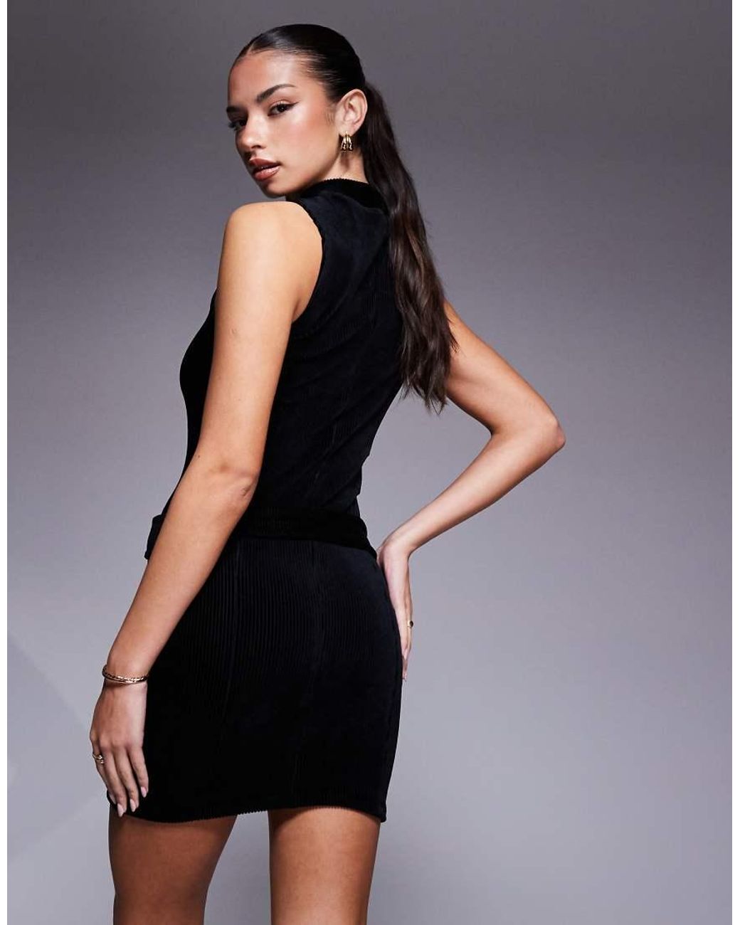 ASOS Black High Neck Belted Cord Mini Dress